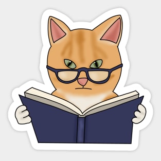 Cat in glasses reading book (fluffy orange cat) Sticker